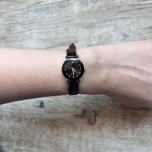 Vintage Diamond Accent Watch Brown Leather Strap Gold Tone Round Face Black